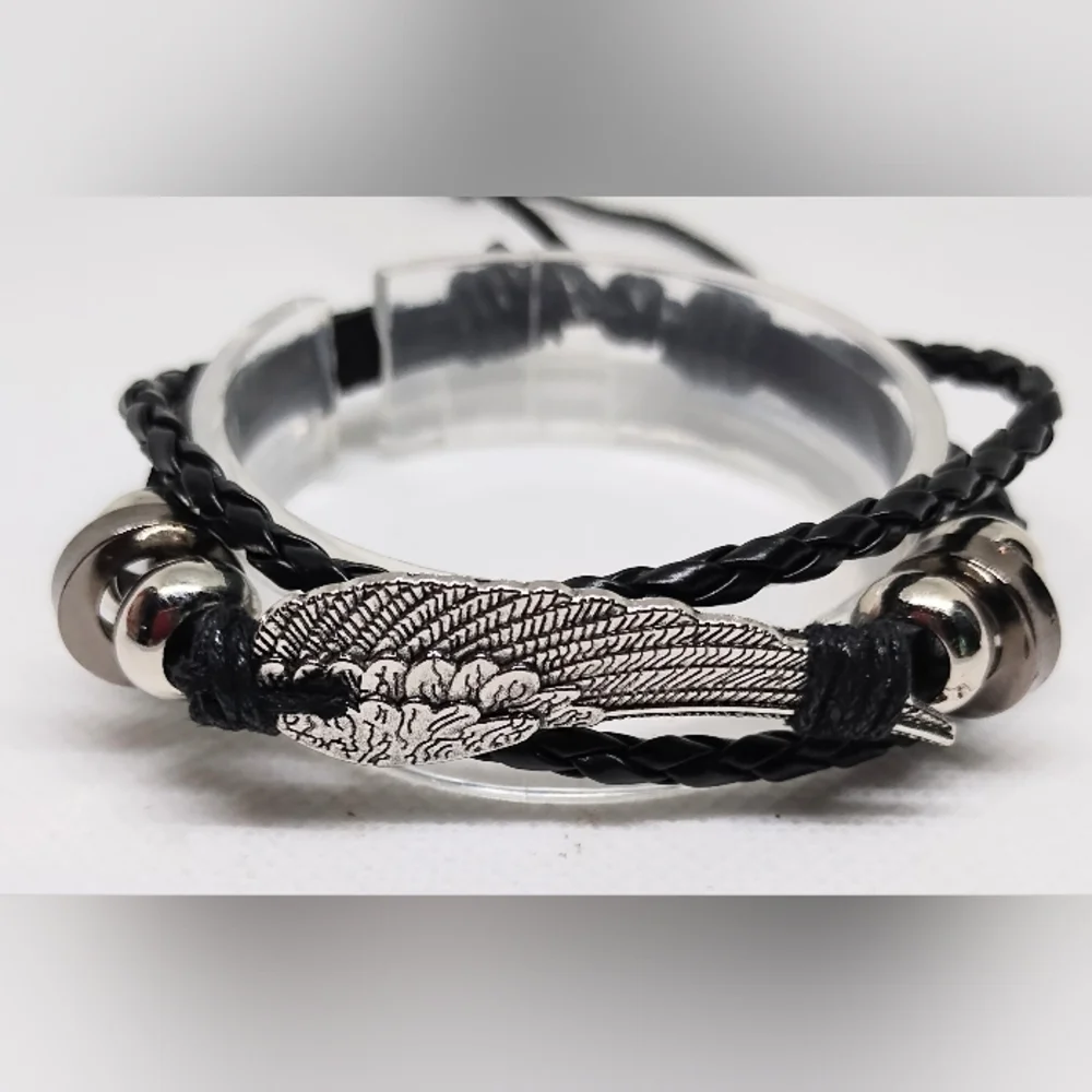 Men's Bracelet Leather Braided Layered Wing New f42‎